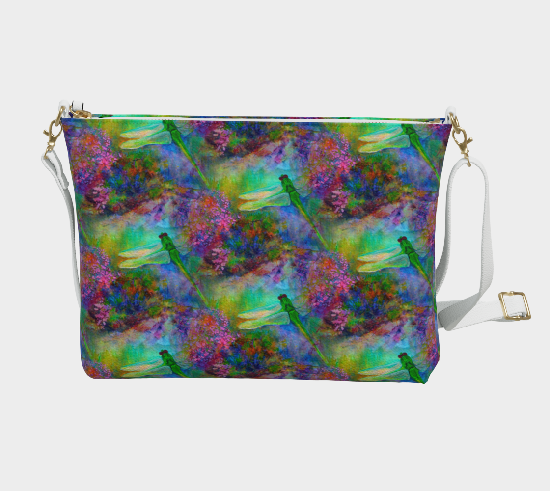 Zipper Bag, Vegan Leather Purse, Crossbody Purse, Art Purse with Green Dragonfly Garden, White Strap