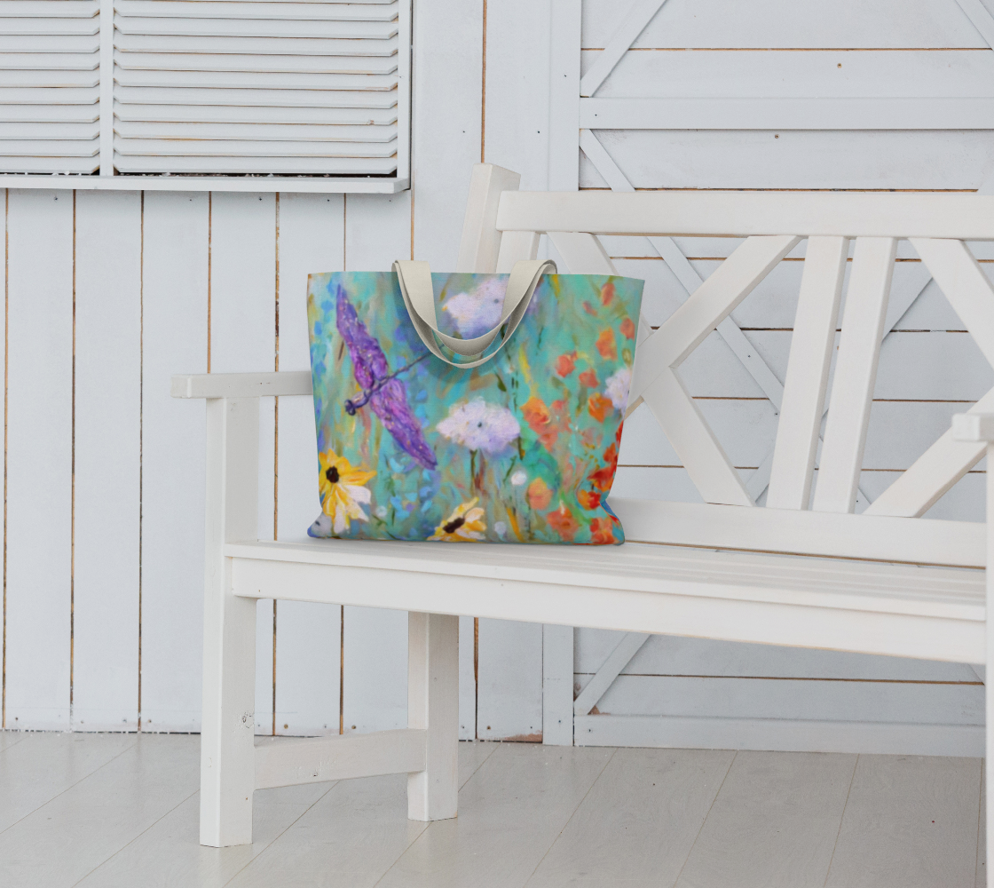 Canvas Tote Bag, Extra Large Tote, Art Tote, Summer Day Susan Meadow Flowers and Dragonfly