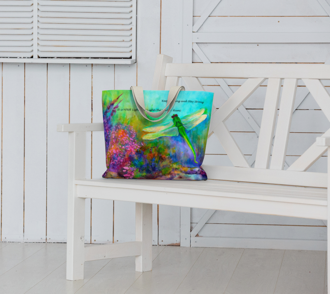 Large Canvas Tote with Green Dragonfly Art, Floral Tote Bag with RUMI quote