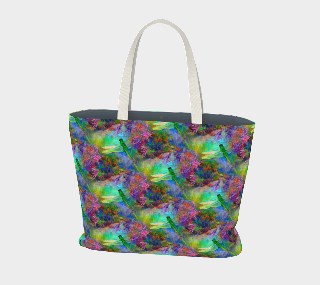 Large Canvas Tote with Pockets, Dragonfly Art, Gift for Gardener, Reusable Tote Bag, Art Tote