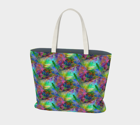 Large Canvas Tote with Pockets, Dragonfly Art, Gift for Gardener, Reusable Tote Bag, Art Tote