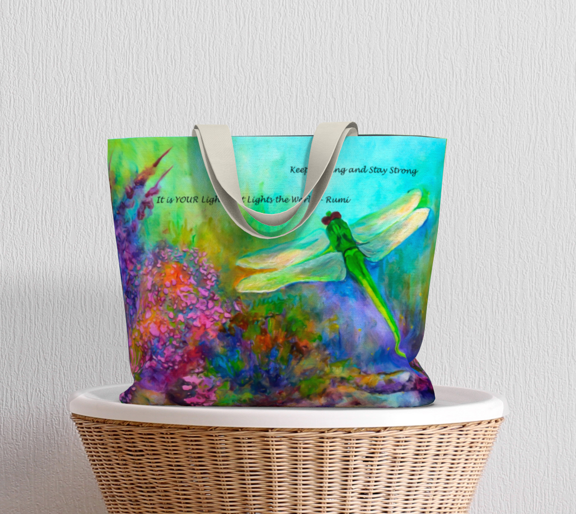 Large Canvas Tote with Green Dragonfly Art, Floral Tote Bag with RUMI quote