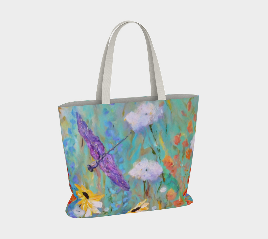 Canvas Tote Bag, Extra Large Tote, Art Tote, Summer Day Susan Meadow Flowers and Dragonfly