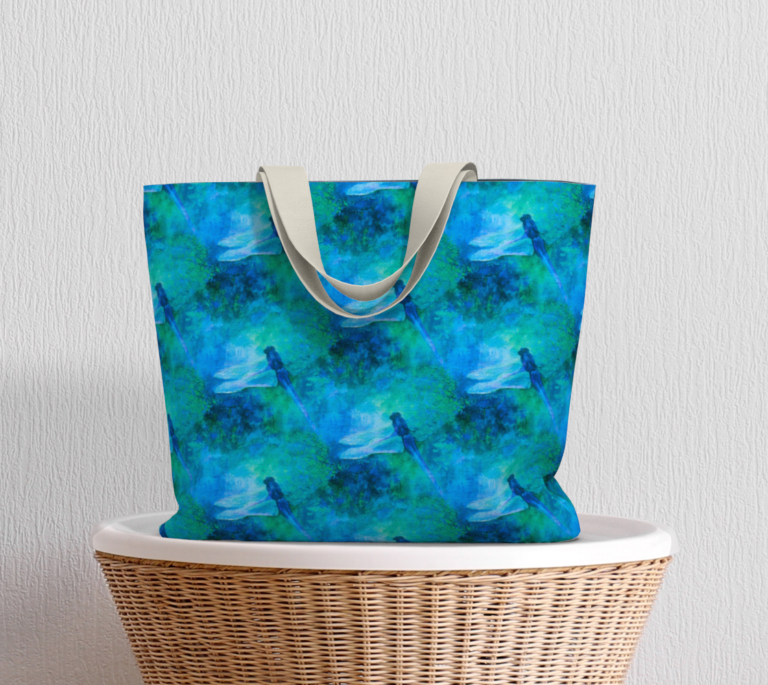 Large Tote with Art by Claire Bull, Blue Dragonfly, Cotton Tote, Lined Bag, Zipper Pocket, 20 x 15 inch Bag, Large Bags