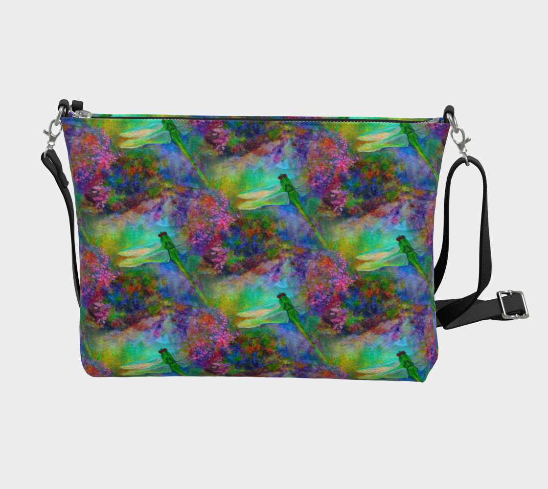 Zipper Bag, Crossbody Purse, Black Strap, Green Dragonfly Garden pattern black