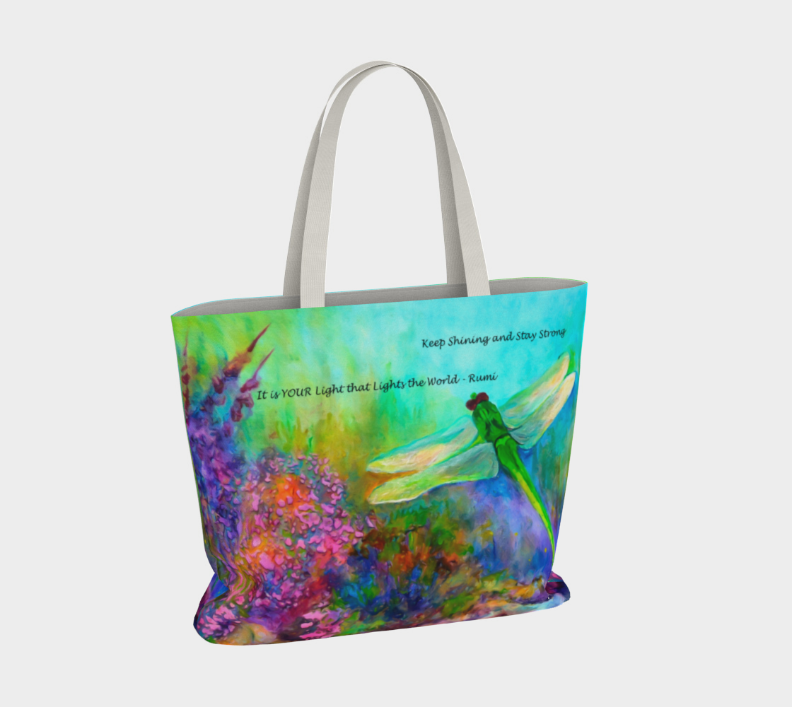 Large Canvas Tote with Green Dragonfly Art, Floral Tote Bag with RUMI quote