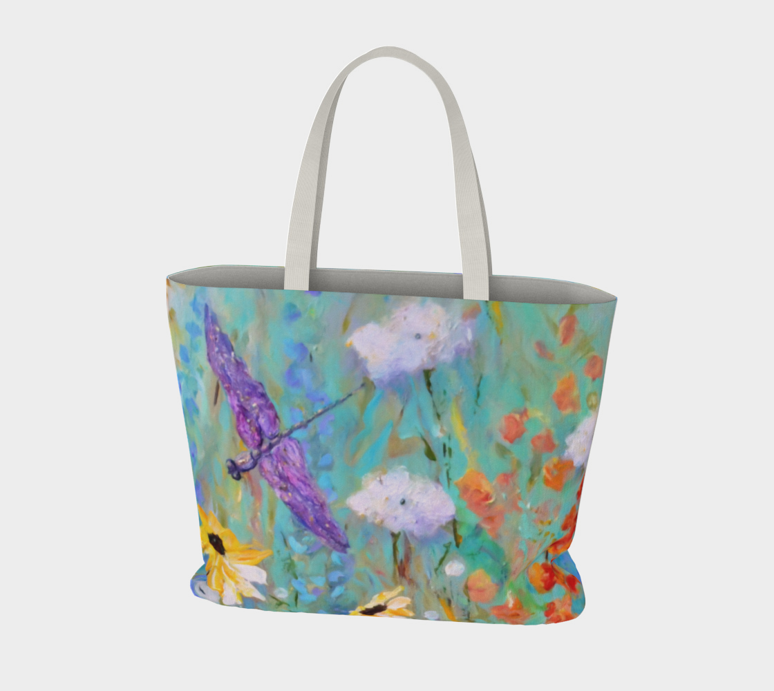 Canvas Tote Bag, Extra Large Tote, Art Tote, Summer Day Susan Meadow Flowers and Dragonfly