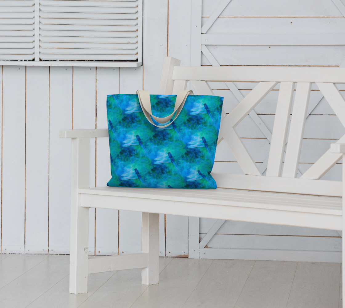 Large Tote with Art by Claire Bull, Blue Dragonfly, Cotton Tote, Lined Bag, Zipper Pocket, 20 x 15 inch Bag, Large Bags