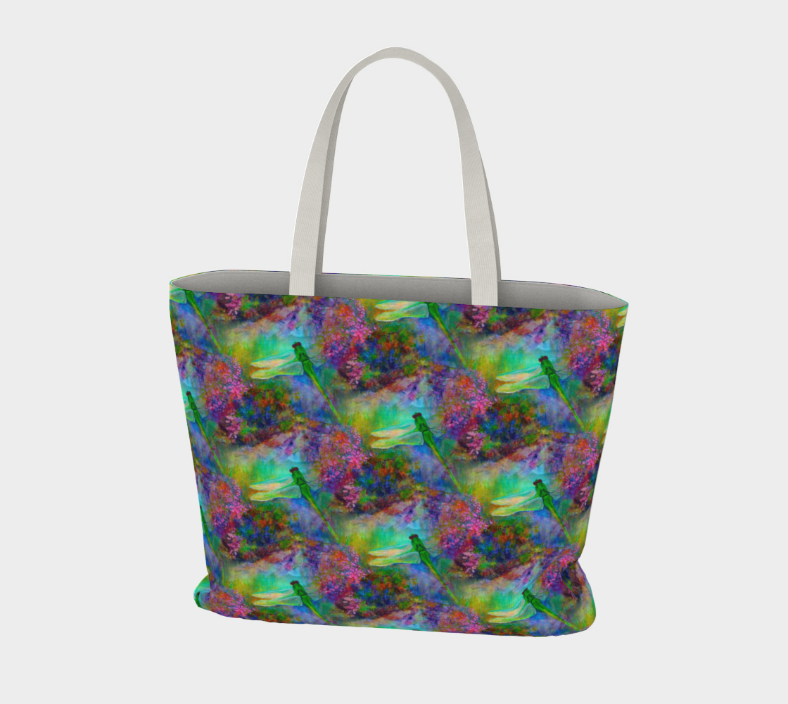 Large Canvas Tote with Pockets, Dragonfly Art, Gift for Gardener, Reusable Tote Bag, Art Tote
