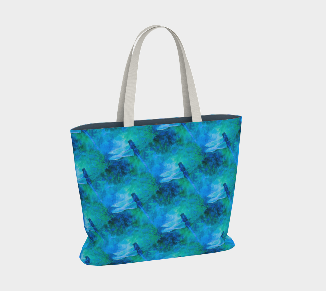 Large Tote with Art by Claire Bull, Blue Dragonfly, Cotton Tote, Lined Bag, Zipper Pocket, 20 x 15 inch Bag, Large Bags