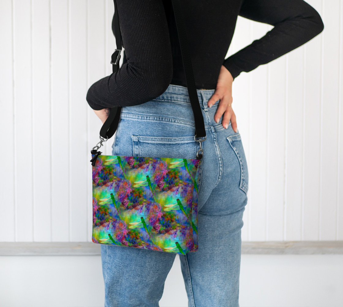 Zipper Bag, Crossbody Purse, Black Strap, Green Dragonfly Garden pattern black