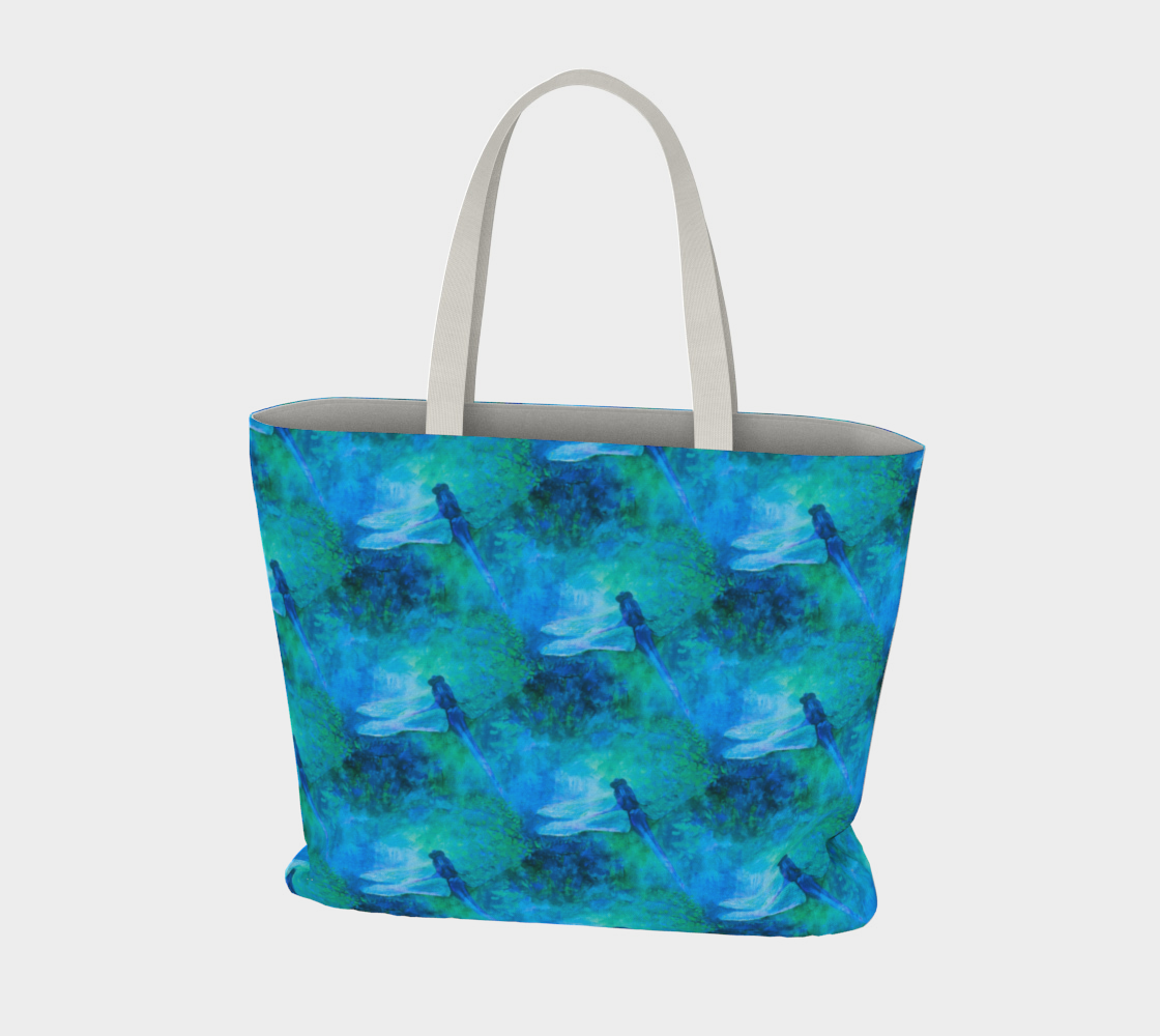 Large Tote with Art by Claire Bull, Blue Dragonfly, Cotton Tote, Lined Bag, Zipper Pocket, 20 x 15 inch Bag, Large Bags