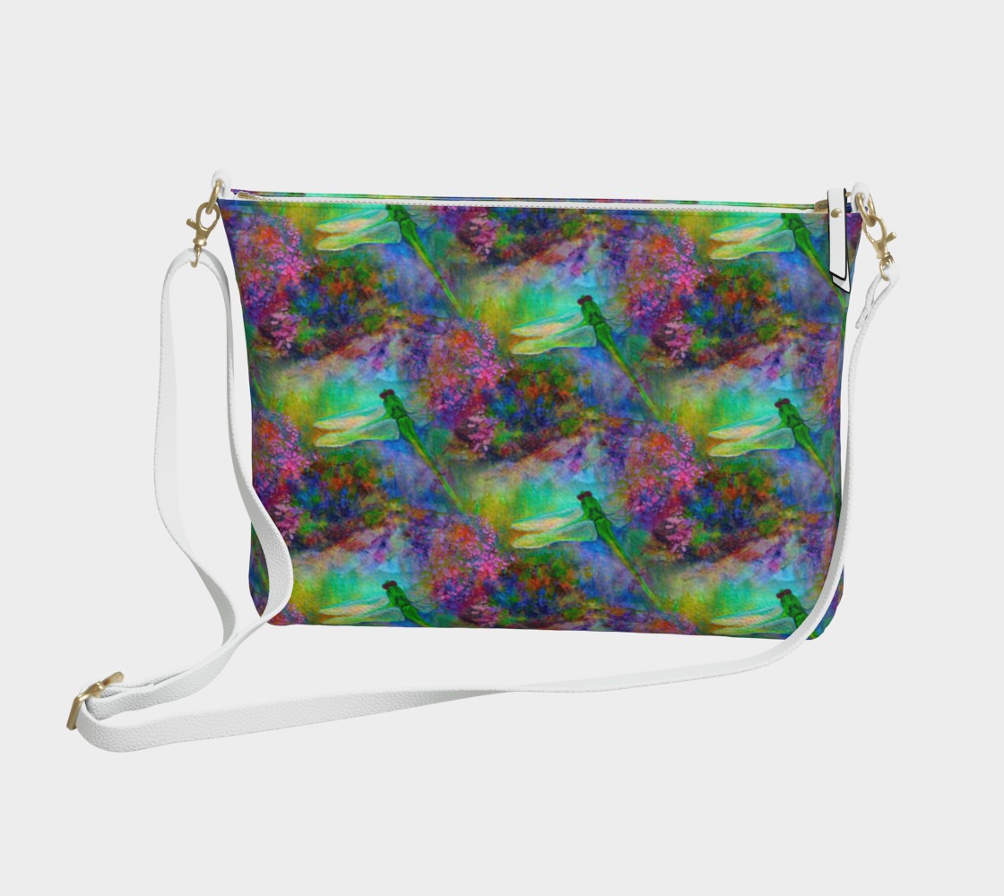 Zipper Bag, Vegan Leather Purse, Crossbody Purse, Art Purse with Green Dragonfly Garden, White Strap