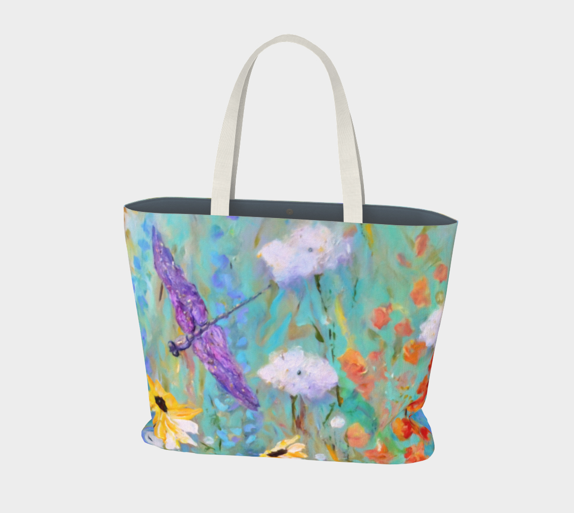 Canvas Tote Bag, Extra Large Tote, Art Tote, Summer Day Susan Meadow Flowers and Dragonfly