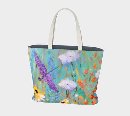 Canvas Tote Bag, Extra Large Tote, Art Tote, Summer Day Susan Meadow Flowers and Dragonfly
