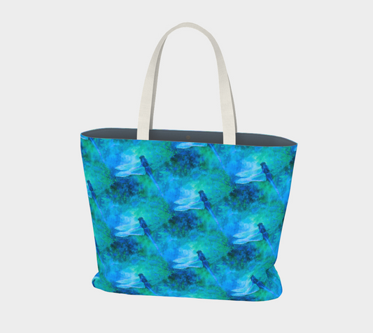 Large Tote with Art by Claire Bull, Blue Dragonfly, Cotton Tote, Lined Bag, Zipper Pocket, 20 x 15 inch Bag, Large Bags
