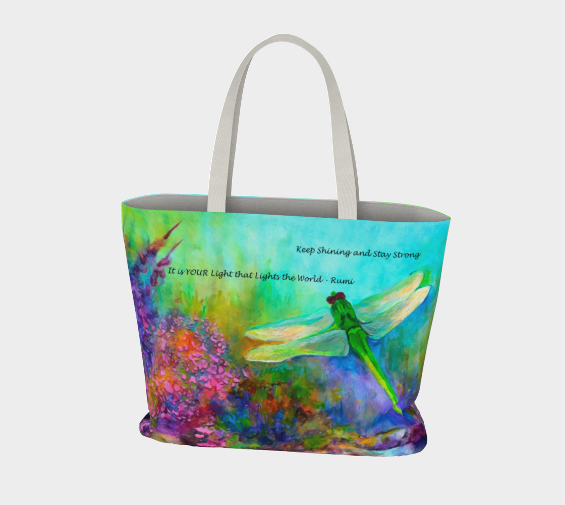 Large Canvas Tote with Green Dragonfly Art, Floral Tote Bag with RUMI quote