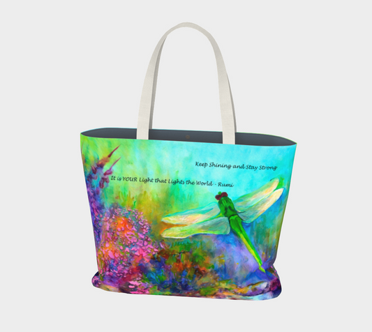 Large Canvas Tote with Green Dragonfly Art, Floral Tote Bag with RUMI quote