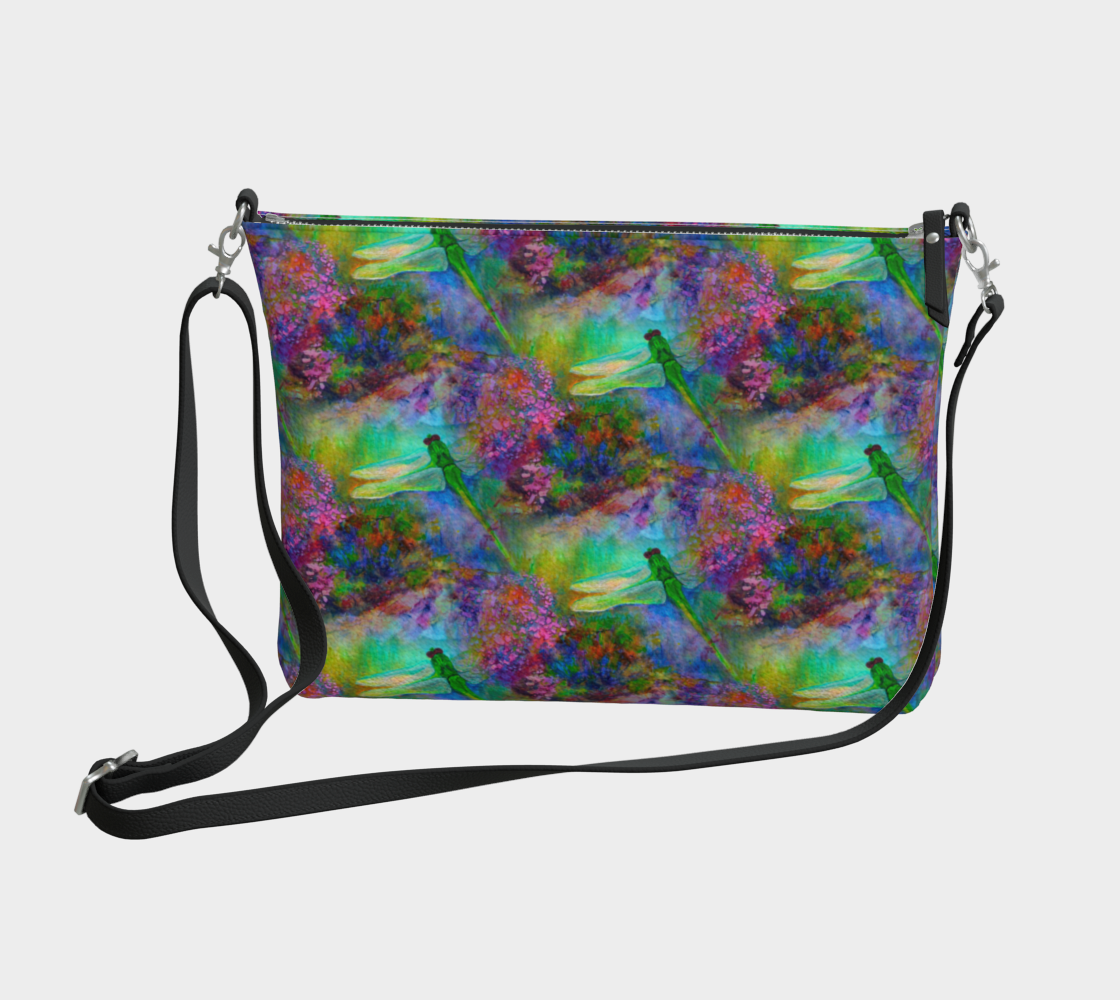 Zipper Bag, Crossbody Purse, Black Strap, Green Dragonfly Garden pattern black
