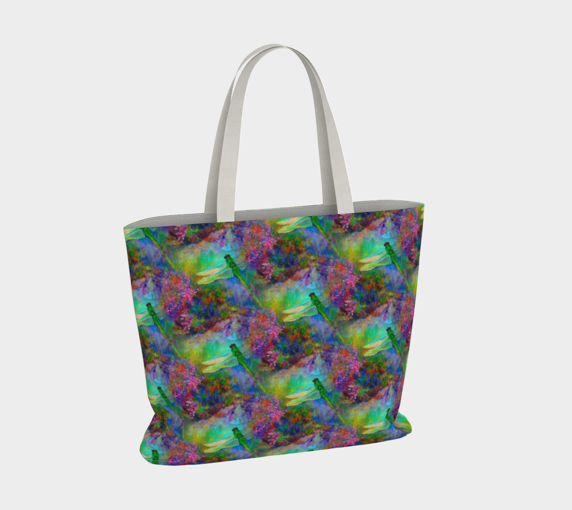 Large Canvas Tote with Pockets, Dragonfly Art, Gift for Gardener, Reusable Tote Bag, Art Tote