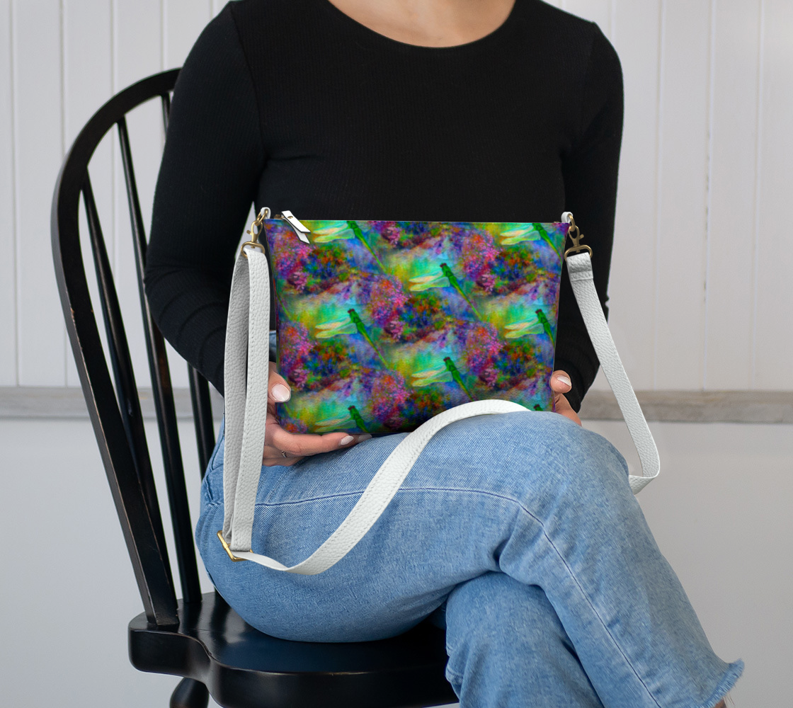 Zipper Bag, Vegan Leather Purse, Crossbody Purse, Art Purse with Green Dragonfly Garden, White Strap