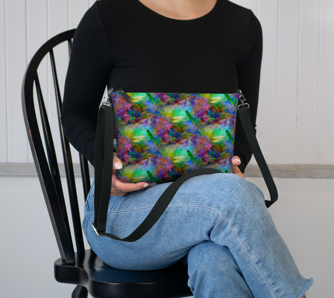Zipper Bag, Crossbody Purse, Black Strap, Green Dragonfly Garden pattern black