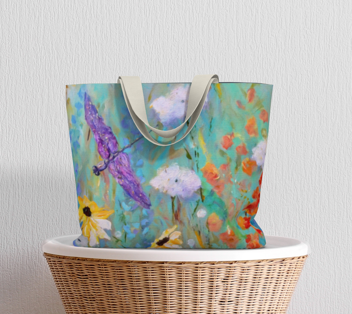 Canvas Tote Bag, Extra Large Tote, Art Tote, Summer Day Susan Meadow Flowers and Dragonfly
