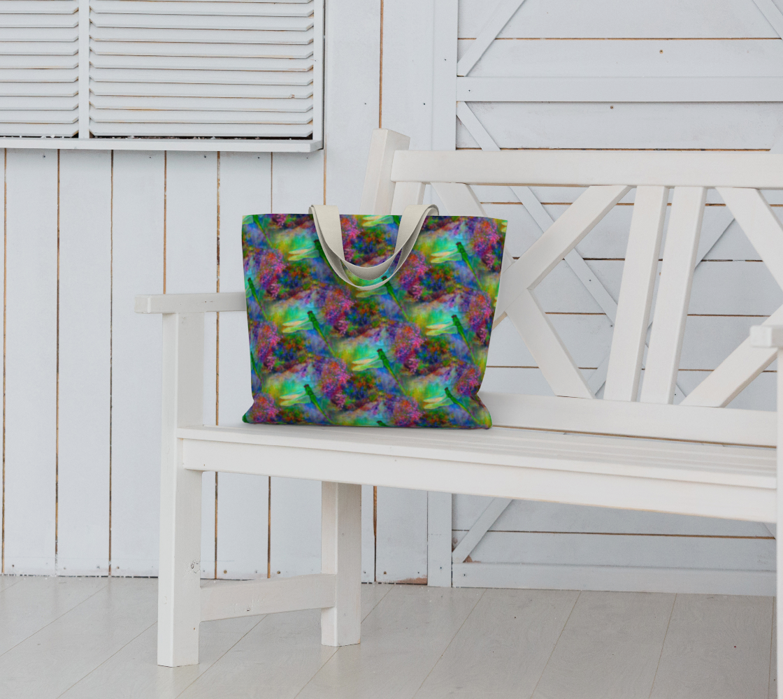 Large Canvas Tote with Pockets, Dragonfly Art, Gift for Gardener, Reusable Tote Bag, Art Tote