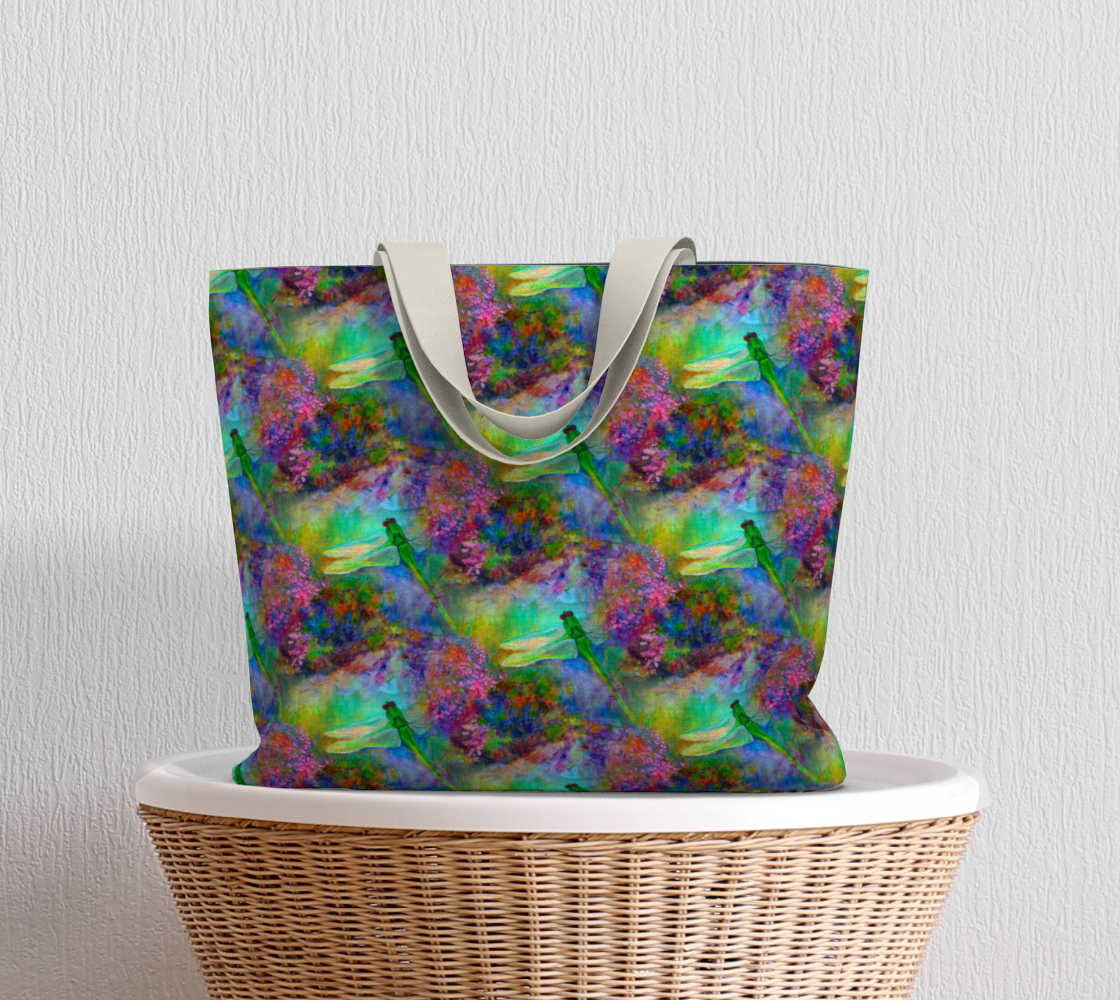 Large Canvas Tote with Pockets, Dragonfly Art, Gift for Gardener, Reusable Tote Bag, Art Tote